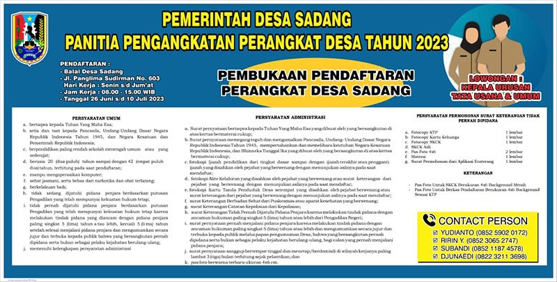 PEMBUKAAN PENDAFTARAN LOWONGAN PERANGKAT DESA SADANG TAHUN 2023